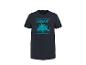Donkerblauw T-shirt met korte mouwen met palmboomprint en turquoise tekst 'PALMS & OCEAN BREEZE'.