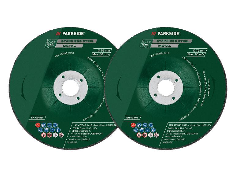 Twee Parkside slijpschijven voor roestvrij staal.