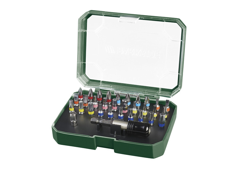 Een groene koffer met verschillende schroevendraaierbits en een bithouder.