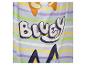 Gestreept handdoek met de tekst 'Bluey' en stripfiguren.