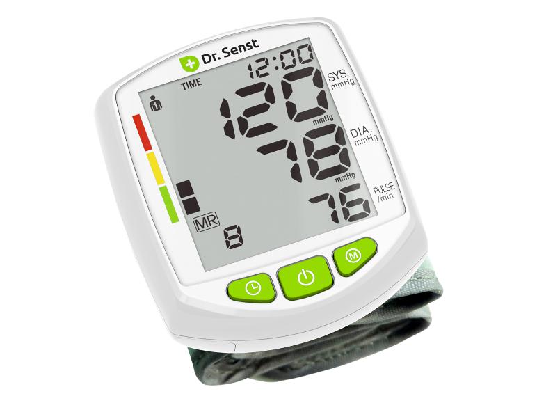 Dr. Senst polsbloeddrukmeter met weergave van tijd, systolische, diastolische en hartslag.