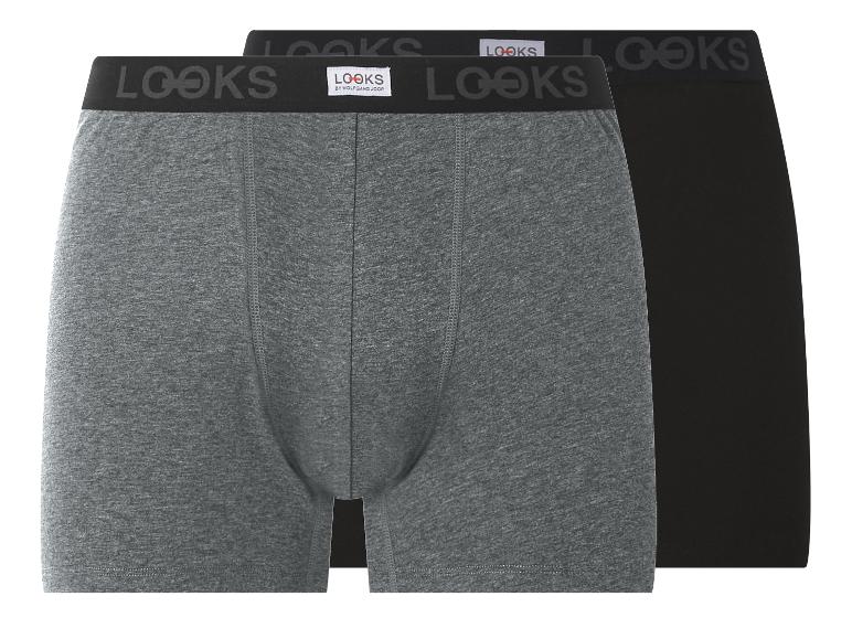 Twee paar boxershorts, één grijs en één zwart, met 'LOOKS' elastische band.