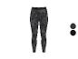 Dames sportlegging met grijs en zwart camouflagepatroon en logoband.
