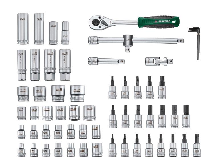 Parkside dopsleutelset en accessoires, inclusief ratels, verlengstukken en inbussleutels.