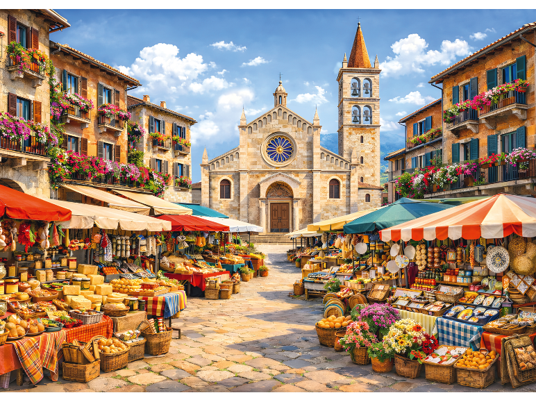 Een levendige buitenmarkt op een Italiaans plein met verse producten, kaas en bloemen.