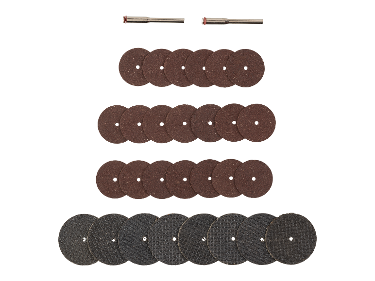 Assortiment slijp- en snijschijven met assen.