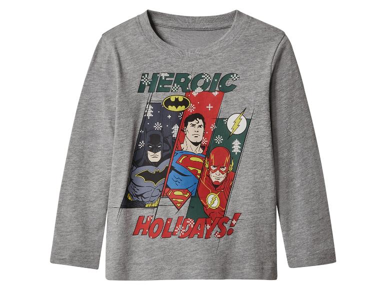Grijs shirt met lange mouwen met DC Comics-personages: Batman, Superman en Flash.