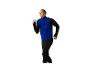 Man joggend in een blauw vest en zwarte leggings.