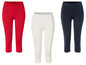 Drie paar capri leggings: rood, wit met kant en donkerblauw.