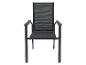 Donkergrijze tuinstoel met armleuningen en rugleuning van gaas.