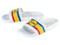 Witte slippers met Lidl-logo en strepen.