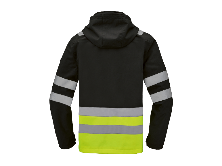 Zwarte jas met capuchon en reflecterende strepen.