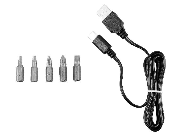 USB-C naar USB-A kabel en een set schroevendraaierbits.