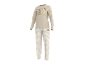 Beige pyjamaset met lange mouwen, een cartoonbeer en gestreepte broek.