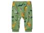 Groene babybroek met dierenprint: giraffen, zebra's, leeuwen en krokodillen.