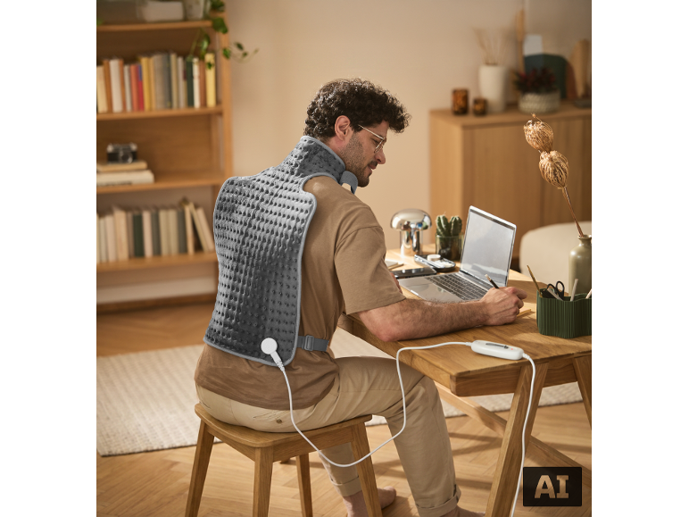 Man werkt aan bureau met verwarmd vest op rug en nek.