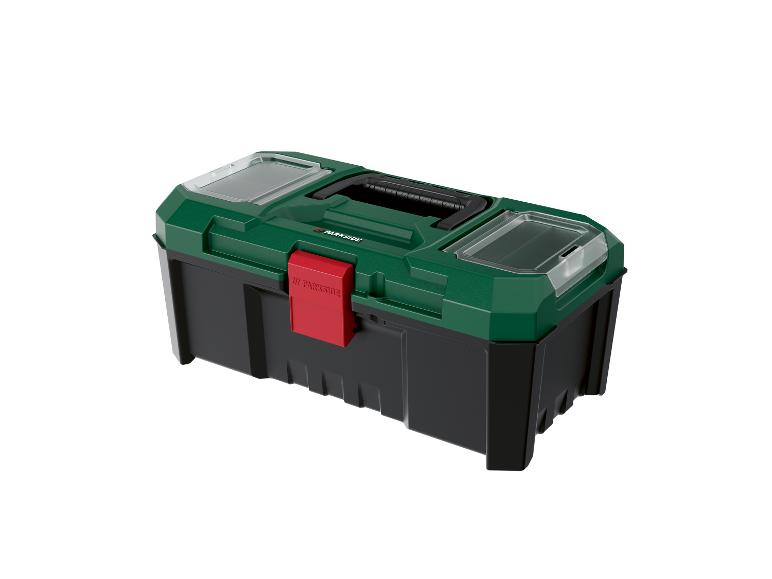 Groene en zwarte gereedschapskist met rood sluitmechanisme en transparante deksels.