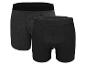 Twee herenboxershorts, één grijs met patroon en één effen zwart.