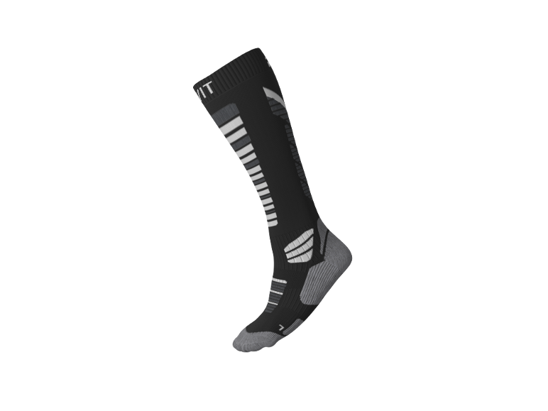 Zwarte skisokken met grijze en witte strepen en details.