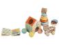 Houten babyspeelgoedset met een huisje, stapeltoren en berenauto.