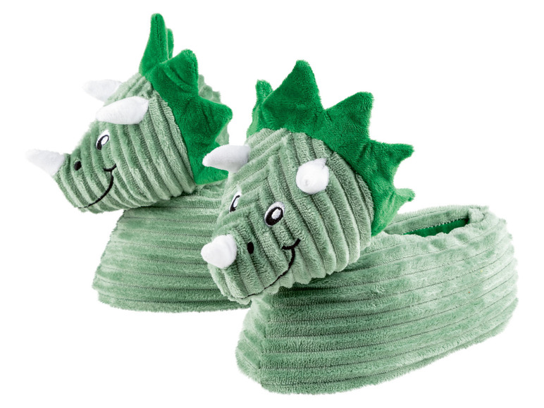 Twee paar groene dinosaurusslippers.