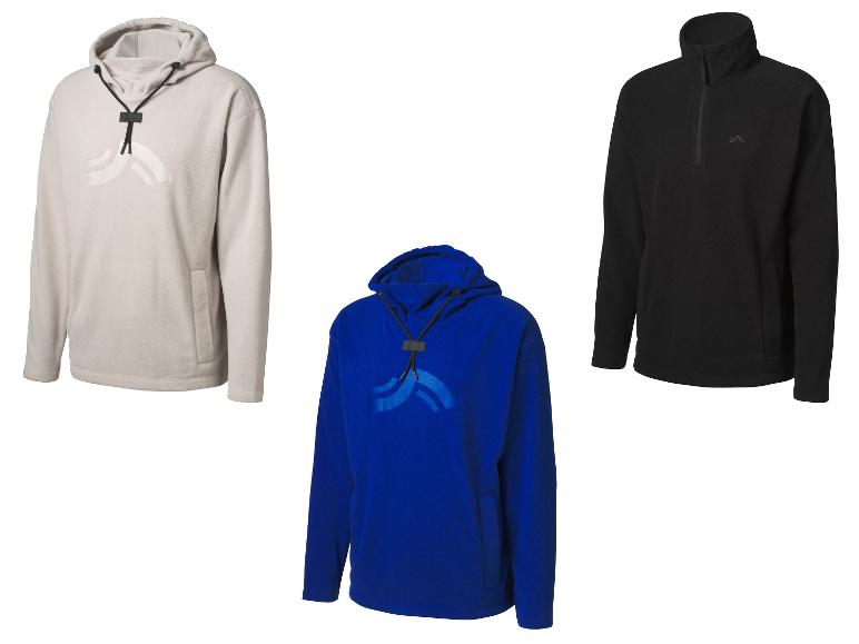 Drie fleecetruien: een beige hoodie, een blauwe hoodie en een zwarte trui met rits.