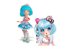 Pop in anime-stijl met blauw haar en een bloemenjurk naast haar geïllustreerde personage.