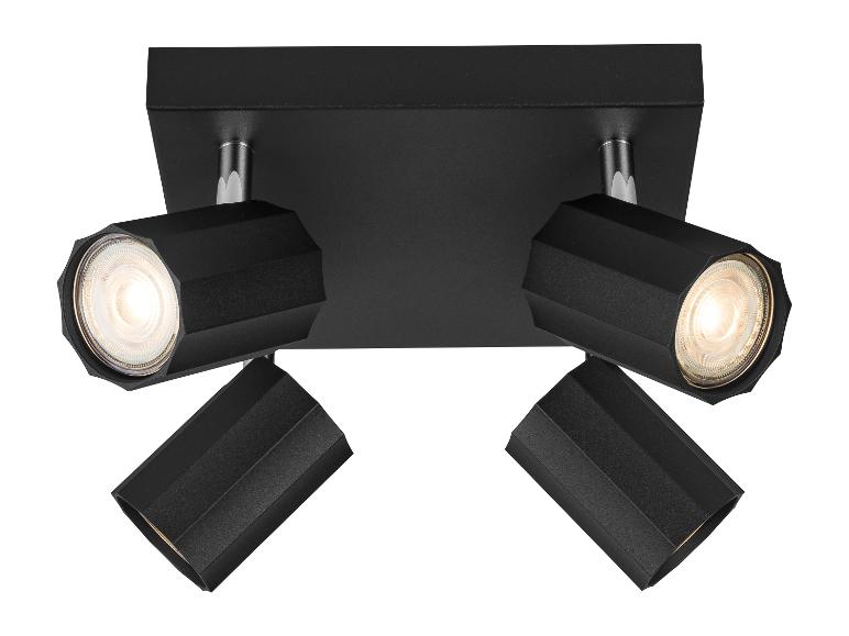 Zwarte vierkante plafondlamp met vier verstelbare lampen.