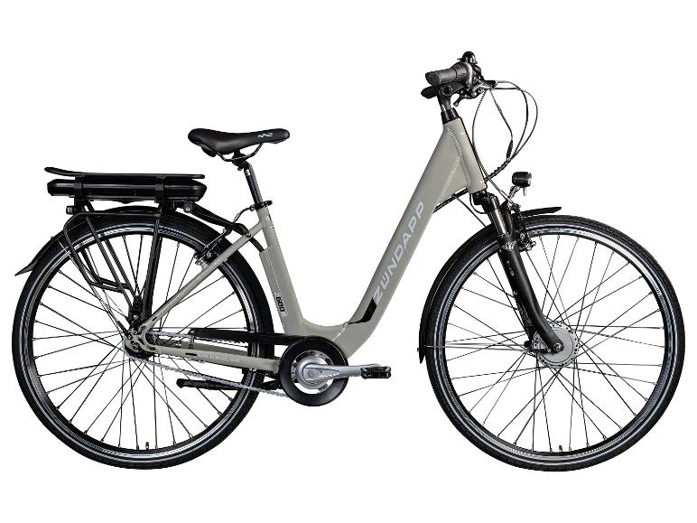 Grijze Zündapp Z600 elektrische fiets met bagagedrager en verlichting