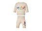 Zandkleurige baby sweater en broek met cartoonfiguren en de tekst 'Let's Bee Friends'.