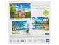 Drie puzzels met afbeeldingen van een kasteel, een tropisch strand en een bergmeer.