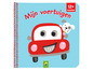 Een boek met een rode auto en een hond, voor kinderen vanaf 12 maanden.