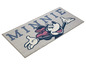 Een grijs vloerkleed met Minnie Mouse erop.