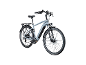 Grijze elektrische stadsfiets met bagagedrager en spatborden.