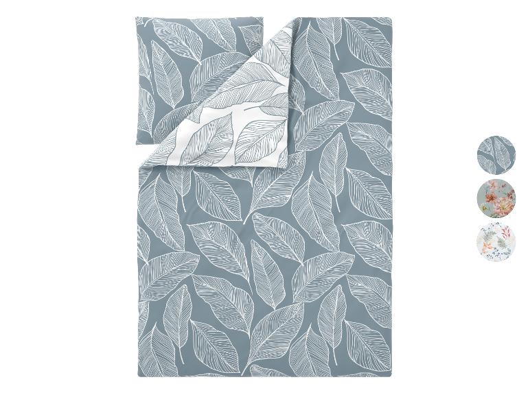 Dekbedovertrek en kussensloop set met bladpatroon in grijsblauw en wit.