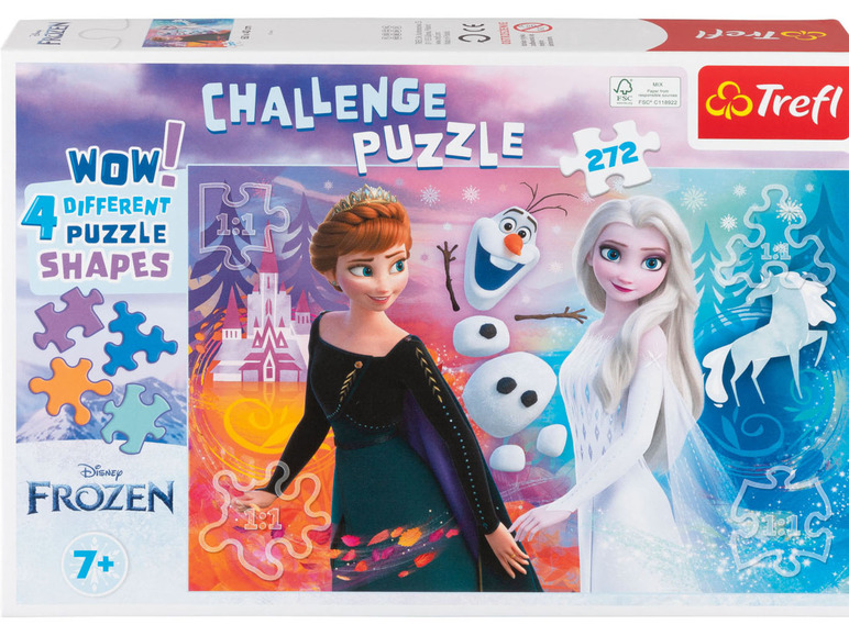 Een Trefl Frozen puzzel met Anna en Elsa, 272 stukjes in verschillende vormen.