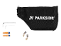 Parkside accessoires: tas, koolborstels, inbussleutels en batterijen.