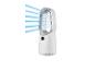 Witte bladeloze torenventilator met digitaal display dat '10' en blauwe luchtstroom toont.
