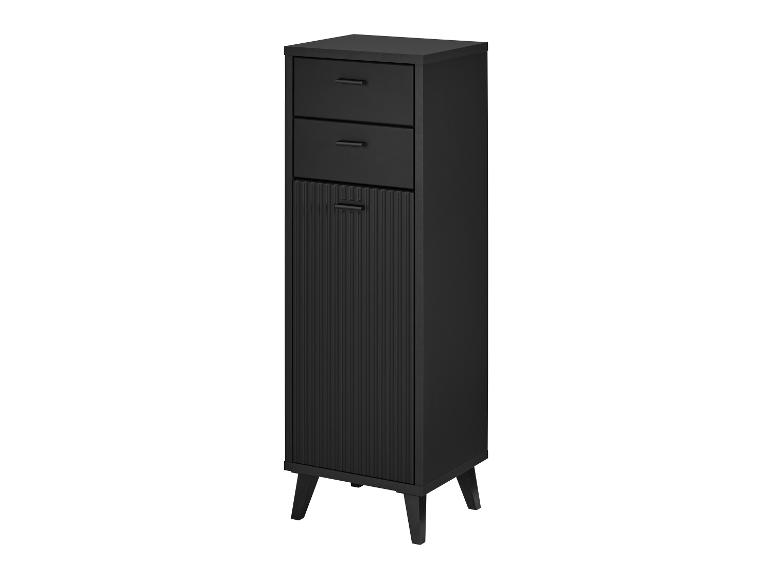 Zwarte smalle houten kast met twee laden en een plank met een geribbelde deur.