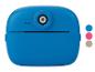 Blauwe kindercamera met ingebouwde printer en kleuropties.