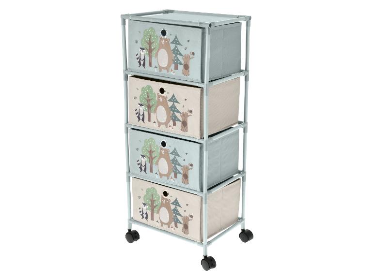 Ladenkast met vier stoffen lades, versierd met bosdieren, op wieltjes.
