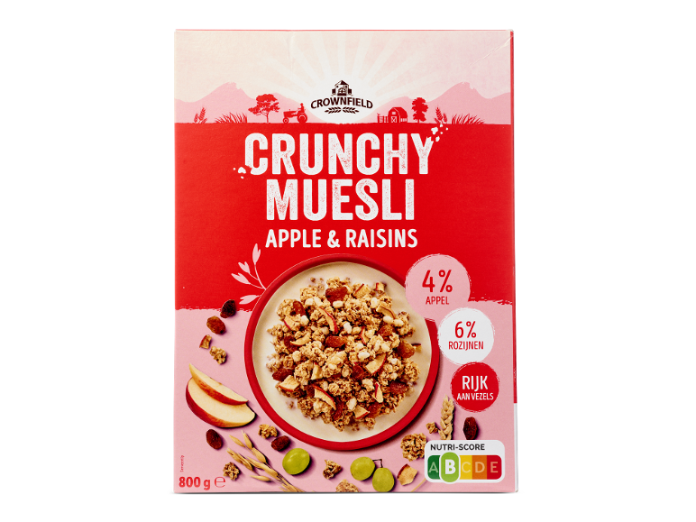 Mueslipakket met appel en rozijnen, 800g, met Nutri-Score A.