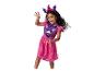 Meisje in paars-roze jurk met Skye van Paw Patrol en hoofdband met heksenhoed.