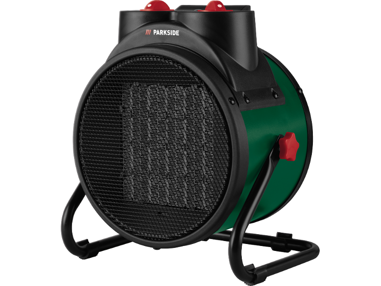 Groene en zwarte elektrische ventilatorkachel met rode bedieningsknoppen op een zwart statief.
