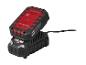 Rood-zwarte 20V accu en 2.4A oplader op een witte achtergrond.