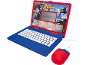 Blauw-rode speelgoedlaptop voor kinderen met Spiderman-thema en muis.