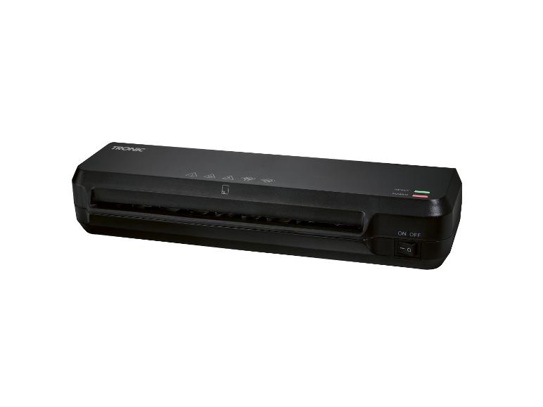 Zwarte TRONIC lamineermachine met aan/uit-schakelaar en indicatielampjes.
