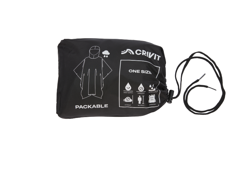 Opvouwbare zwarte regenponcho met pictogrammen die productkenmerken aangeven.