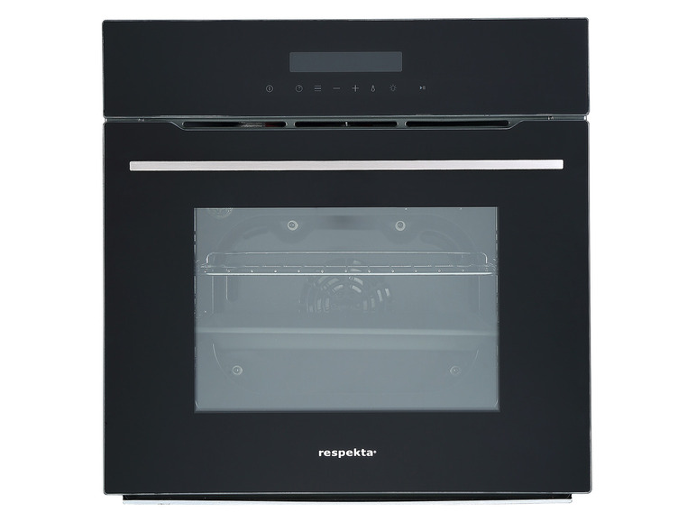 Een zwarte oven van Respekta met een glazen deur.