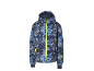 Kinder ski-jas met blauw camouflagepatroon en neongroene rits.